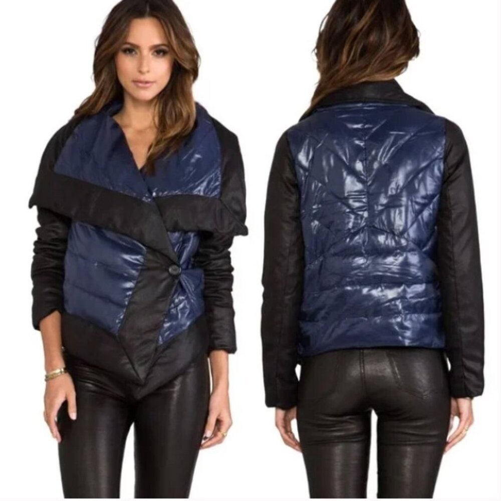 BB Dakota Steve Madden Cecile Puffer Coat Jacket Colorblock Blue Black Med NWOT
